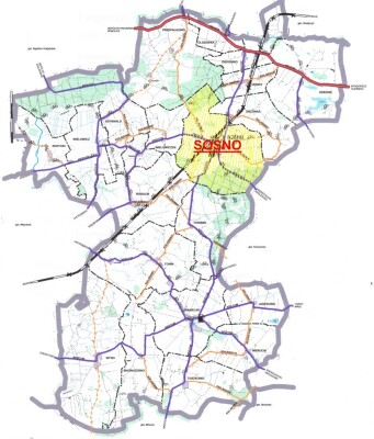 Zdjęcie przedstawia mapę obszaru Gminy Sośno ze wskazaniem położenia miejscowości Sośno