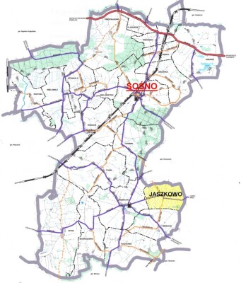 Zdjęcie przedstawia mapę obszaru Gminy Sośno ze wskazaniem położenia miejscowości Jaszkowo