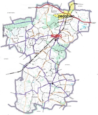 Zdjęcie przedstawia mapę obszaru Gminy Sośno ze wskazaniem położenia miejscowości Obodowo