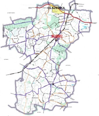 Zdjęcie przedstawia mapę obszaru Gminy Sośno ze wskazaniem położenia miejscowości Olszewka