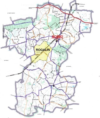Zdjęcie przedstawia mapę obszaru Gminy Sośno ze wskazaniem położenia miejscowości Rogalin