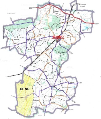 Zdjęcie przedstawia mapę obszaru Gminy Sośno ze wskazaniem położenia miejscowości Sitno