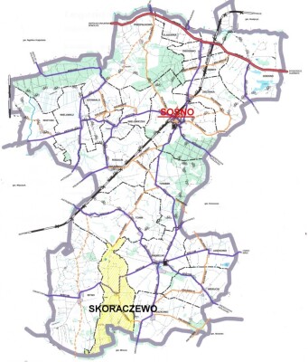 Zdjęcie przedstawia mapę obszaru Gminy Sośno ze wskazaniem położenia miejscowości Skoraczewo