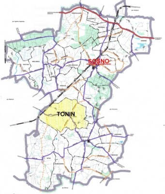 Zdjęcie przedstawia mapę obszaru Gminy Sośno ze wskazaniem położenia miejscowości Tonin.