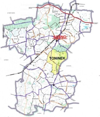 Zdjęcie przedstawia mapę obszaru Gminy Sośno ze wskazaniem położenia miejscowości Toninek.