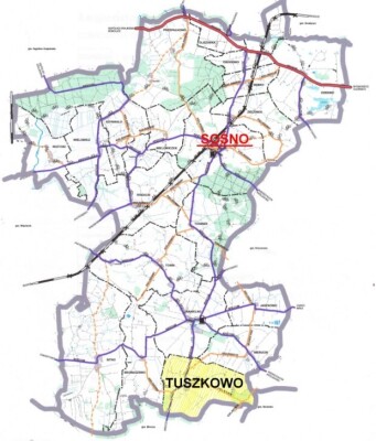 Zdjęcie przedstawia mapę obszaru Gminy Sośno ze wskazaniem położenia miejscowości Tuszkowo.